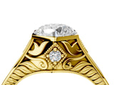 Yellow gold Hexagonal Bezel Round Diamond Engraved Band Prong Ring_34