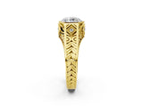 Yellow gold Hexagonal Bezel Round Diamond Engraved Band Prong Ring_8