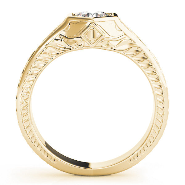 Yellow gold Hexagonal Bezel Round Diamond Engraved Band Ring 1