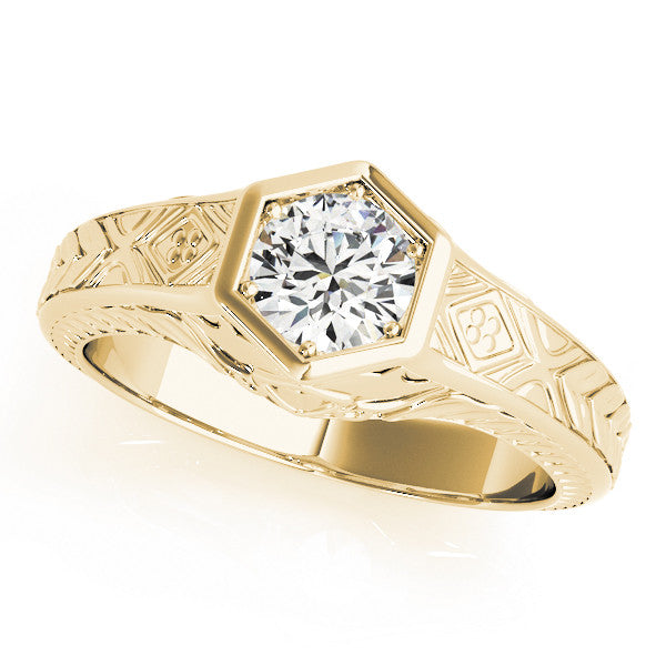 Yellow gold Hexagonal Bezel Round Diamond Engraved Band Ring 2