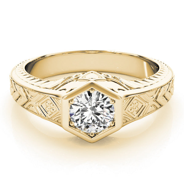 Yellow gold Hexagonal Bezel Round Diamond Engraved Band Ring