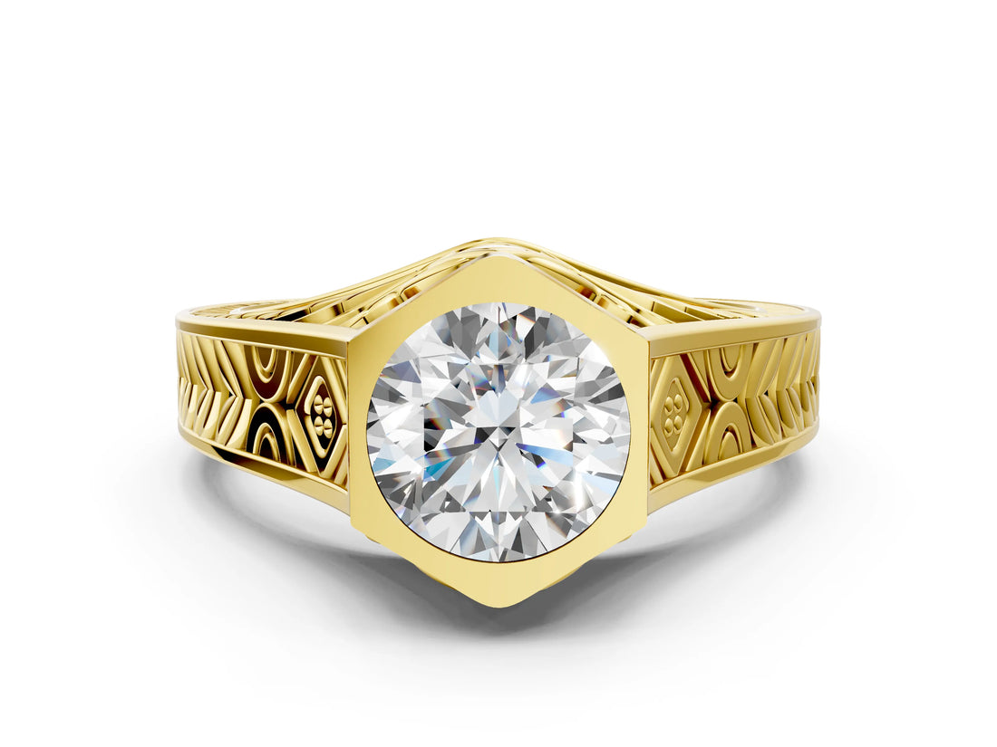 Yellow gold Hexagonal Bezel Round Diamond Engraved Band Ring_6