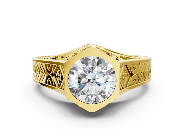 Yellow Gold Round Vintage Bezel Engagement Ring Setting with Engraved Band
