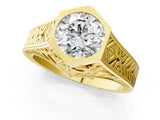 Yellow gold Hexagonal Bezel Round Diamond Engraved Band Ring_7