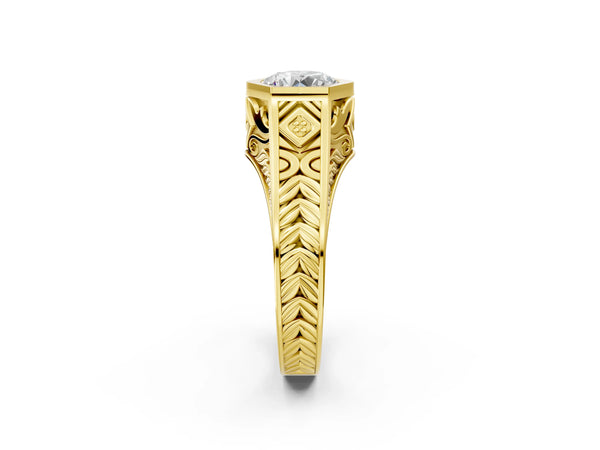 Yellow Gold Round Vintage Bezel Engagement Ring Setting with Engraved Band