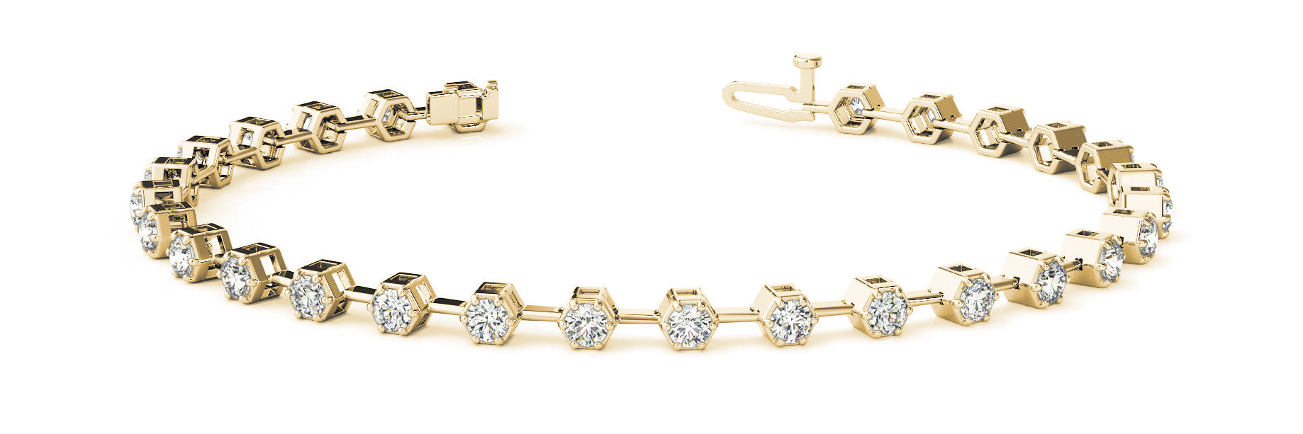 Yellow gold Hexagonal Bezel Round Diamond Tennis Bracelet with Open Link Band