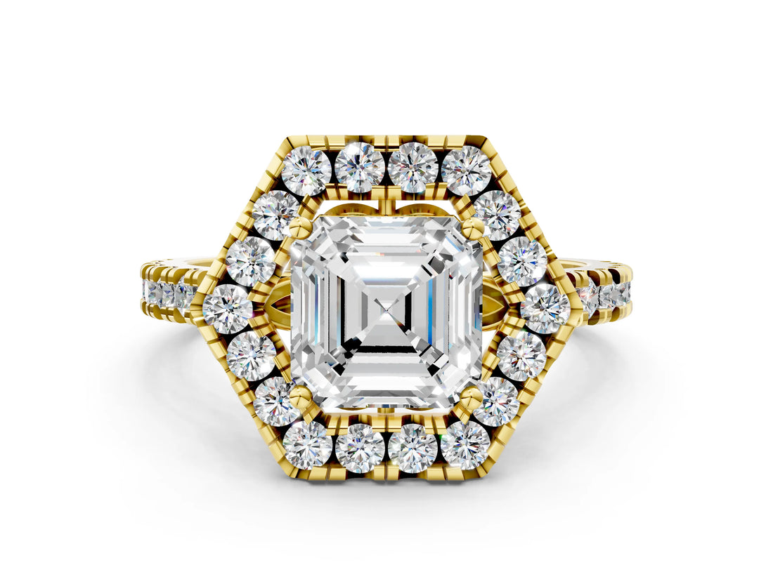 Yellow gold Hexagonal Halo Asscher Cut Diamond Pavé Band with Four-Prong Setting_3