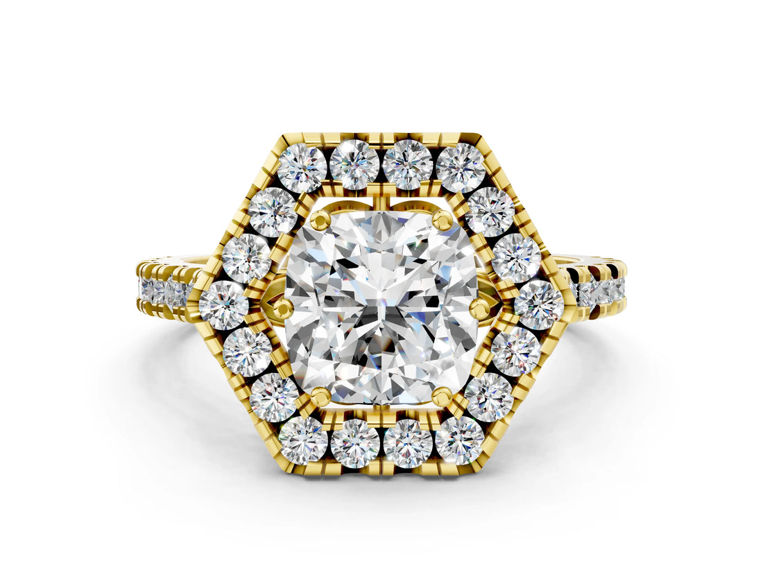 Yellow gold Hexagonal Halo Cushion Cut Diamond Pavé Band with Four-Prong Setting_3