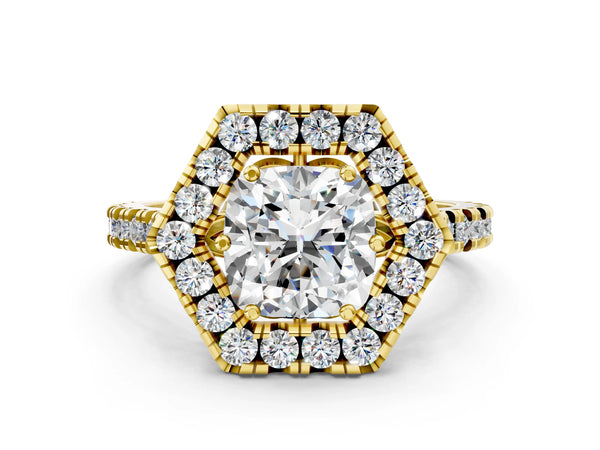 Yellow gold Hexagonal Halo Cushion Cut Diamond Pavé Band with Four-Prong Setting