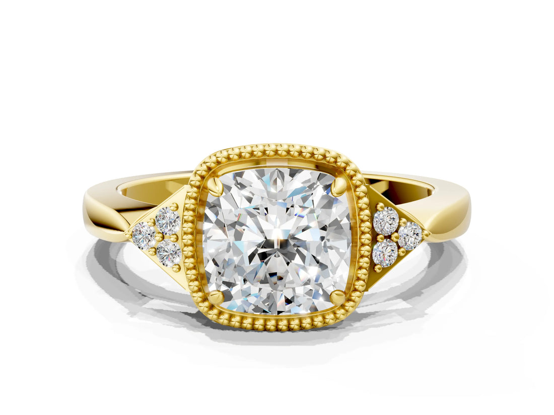 Yellow gold Hexagonal Halo Cushion Cut Diamond Solitaire with Pavé Band and Four-Prong Setting_3
