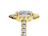 Yellow gold Hexagonal Halo Emerald Cut Diamond Pavé Band with Four-Prong Setting_8