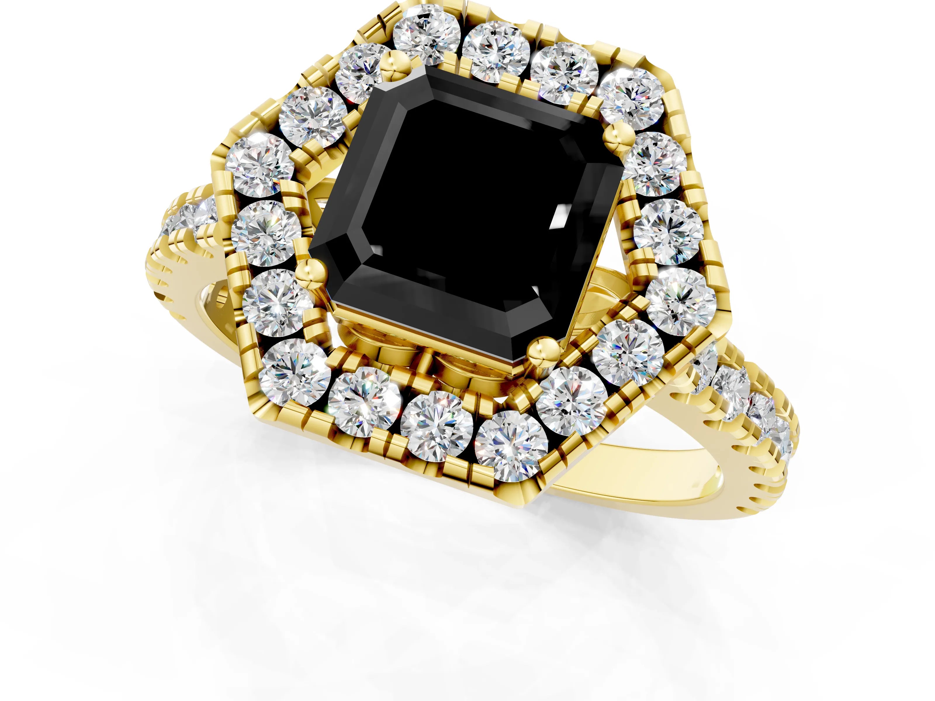 Yellow gold Hexagonal Halo Fancy Black Asscher Cut Diamond Pavé Band with Four-Prong Setting_1