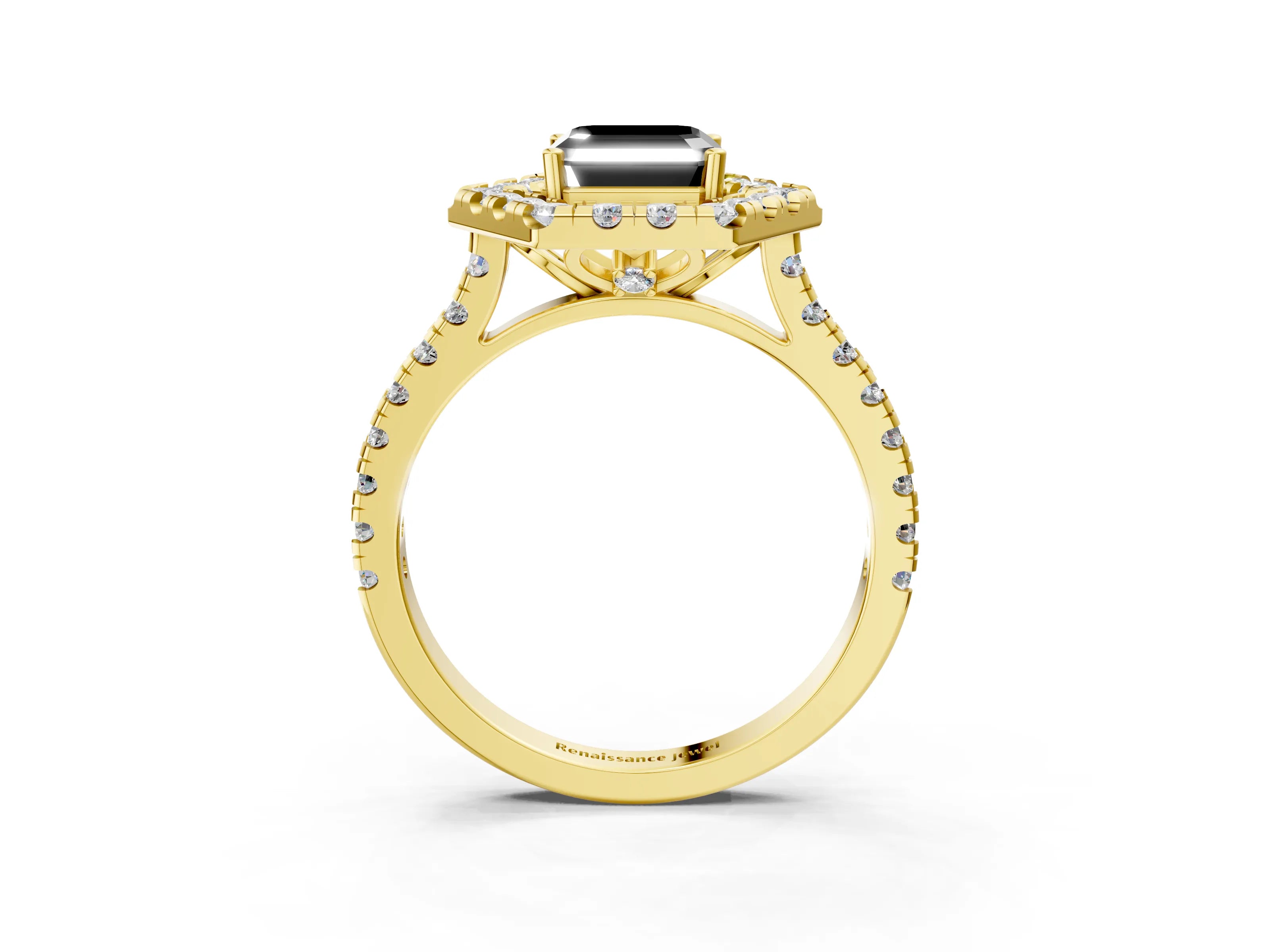 Yellow gold Hexagonal Halo Fancy Black Asscher Cut Diamond Pavé Band with Four-Prong Setting_3