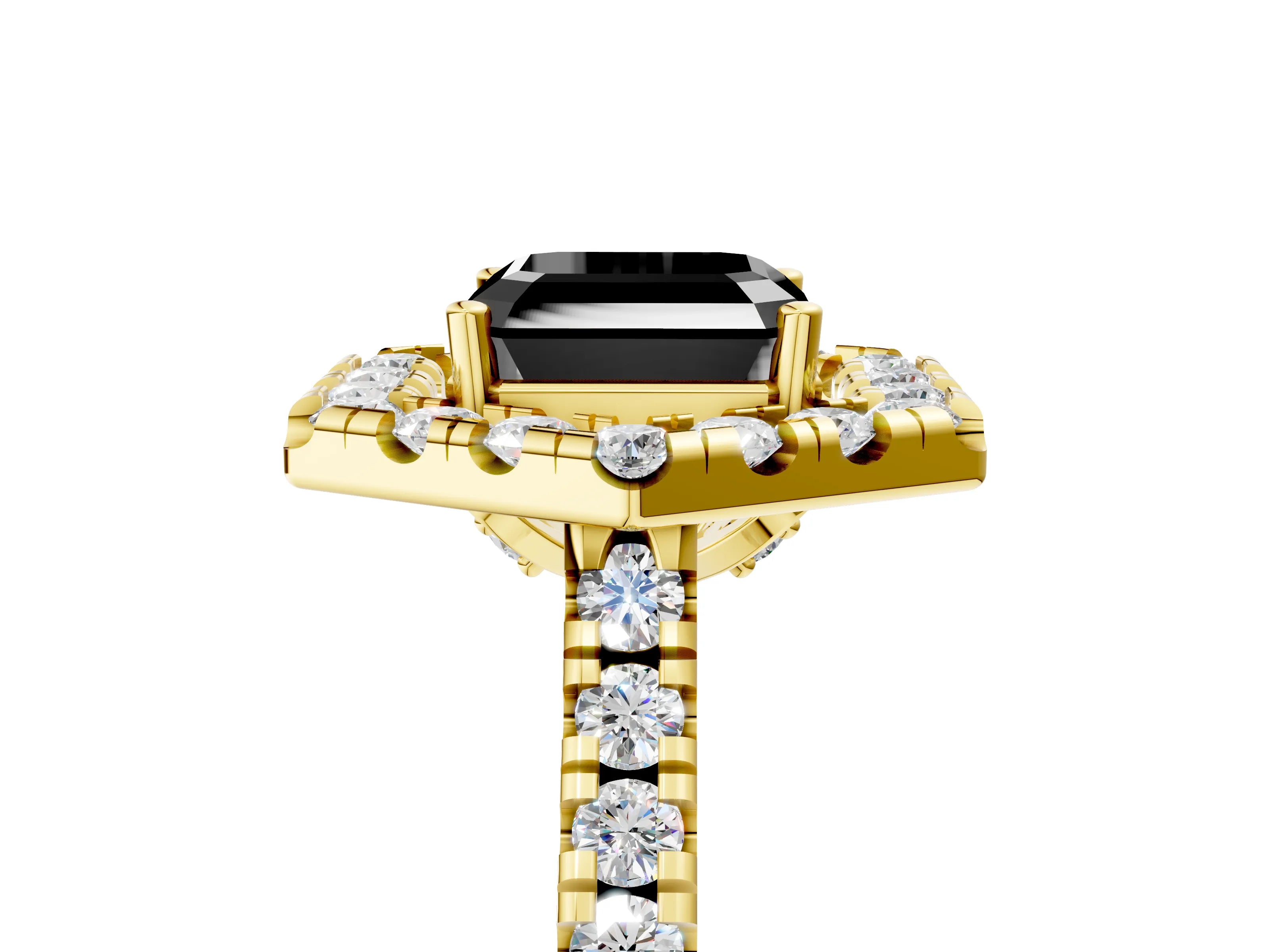 Yellow gold Hexagonal Halo Fancy Black Asscher Cut Diamond Pavé Band with Four-Prong Setting_5