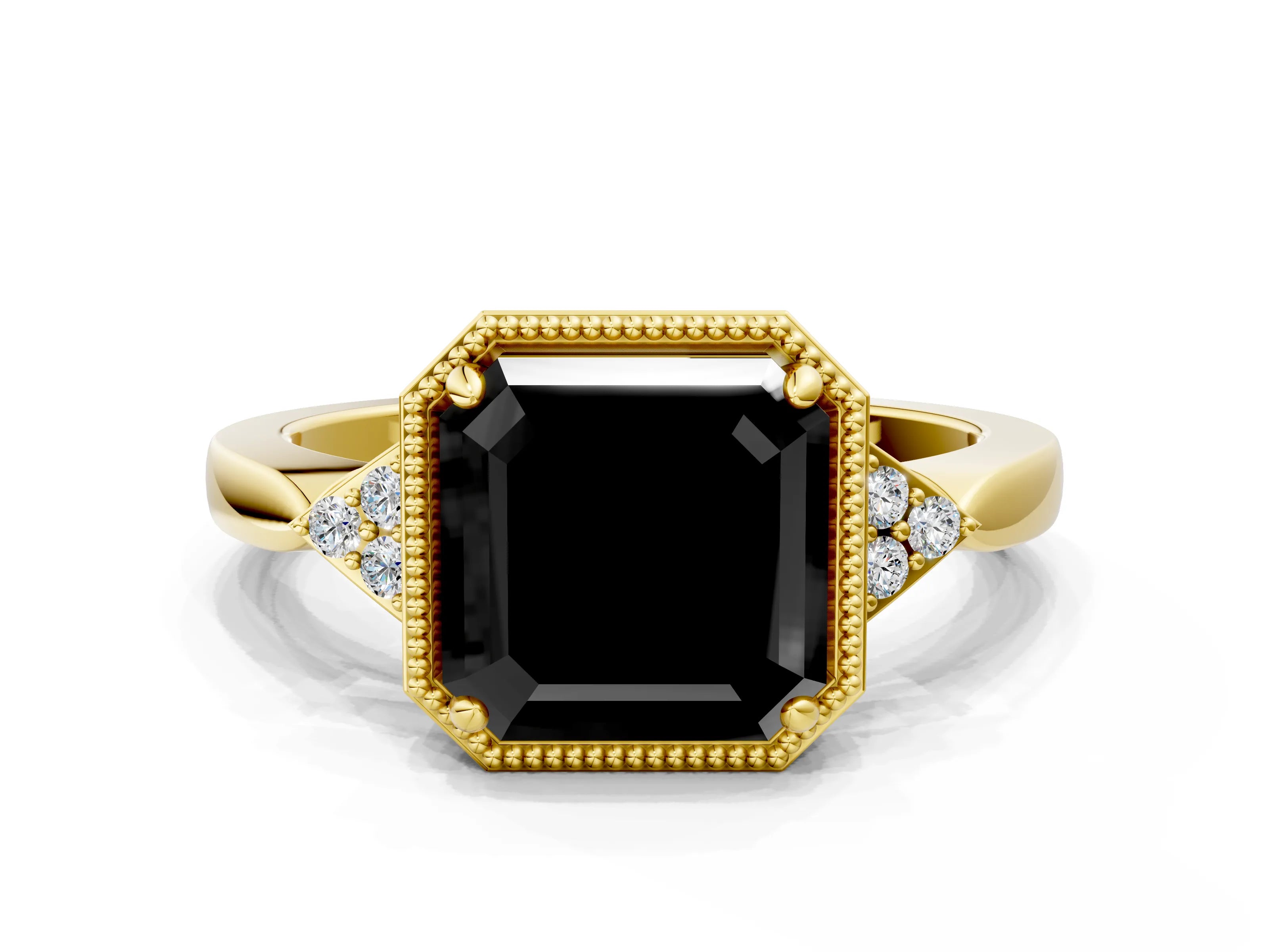 Yellow gold Hexagonal Halo Fancy Black Asscher Cut Diamond Solitaire with Pavé Band and Four-Prong Setting_3
