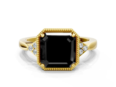 Yellow gold Hexagonal Halo Fancy Black Asscher Cut Diamond Solitaire with Pavé Band and Four-Prong Setting_3