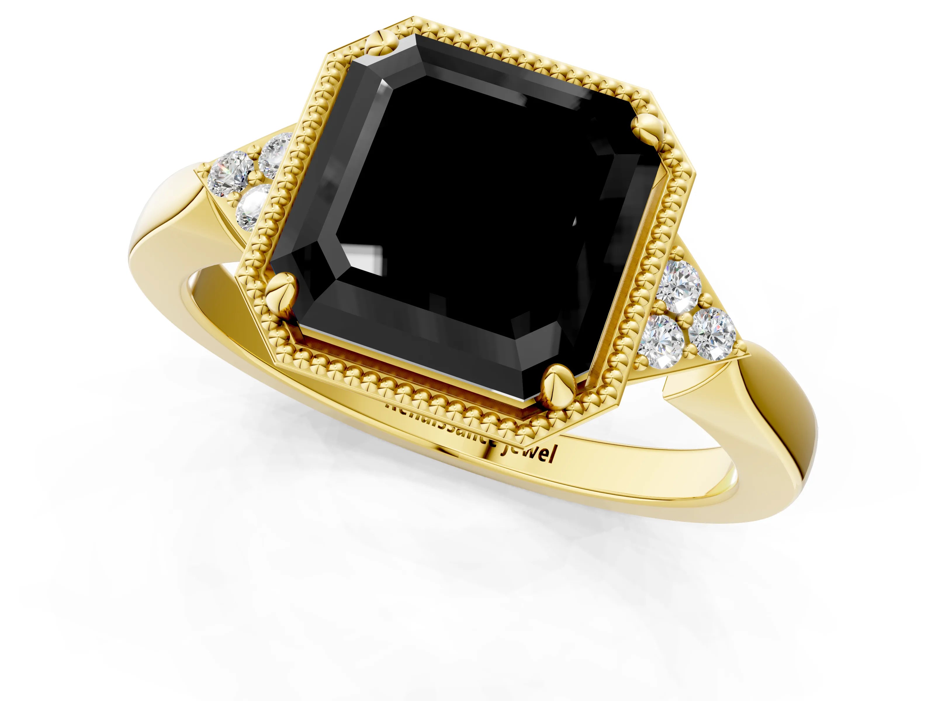 Yellow gold Hexagonal Halo Fancy Black Asscher Cut Diamond Solitaire with Pavé Band and Four-Prong Setting_4