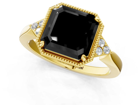 Yellow gold Hexagonal Halo Fancy Black Asscher Cut Diamond Solitaire with Pavé Band and Four-Prong Setting_4