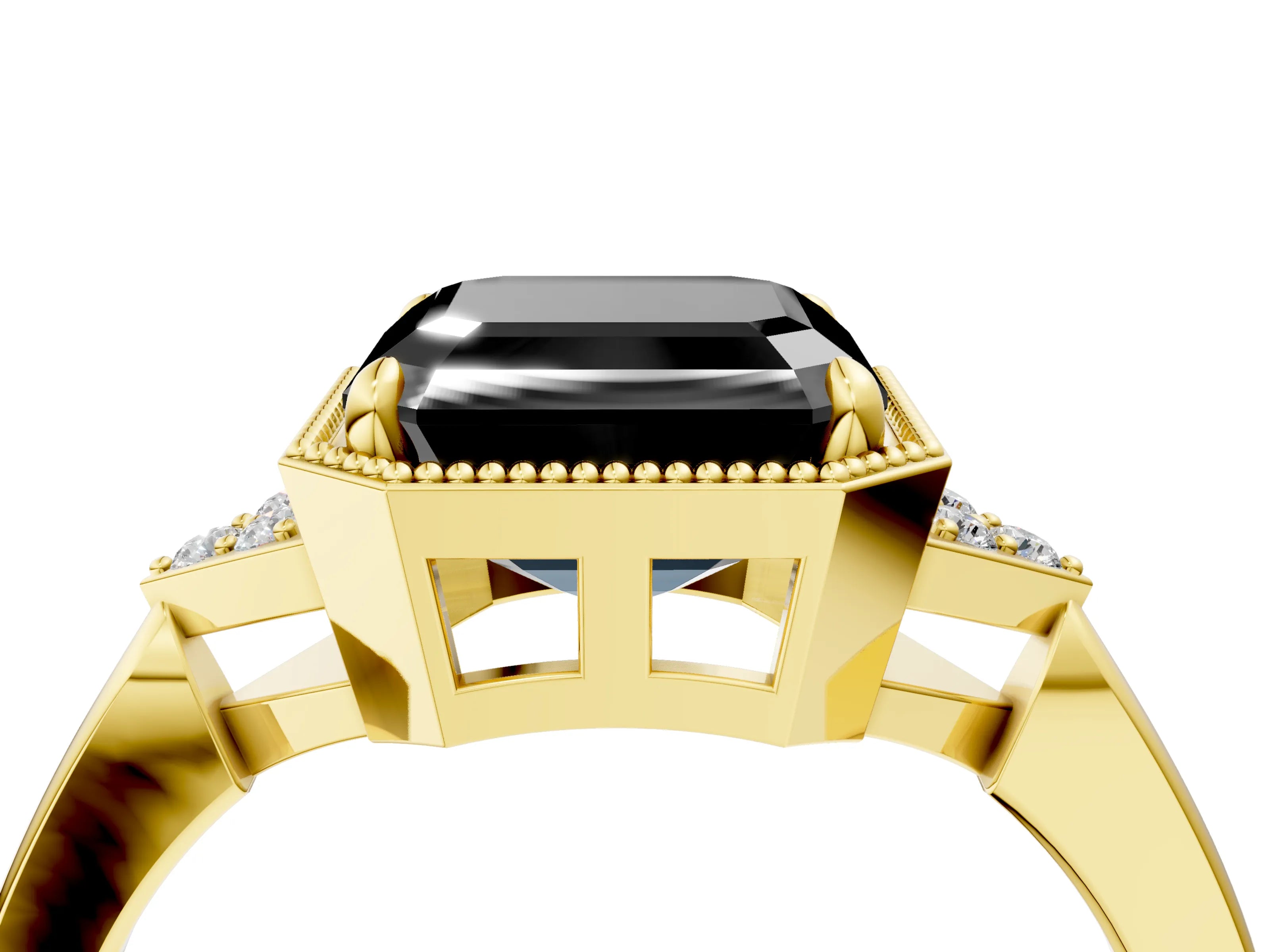 Yellow gold Hexagonal Halo Fancy Black Asscher Cut Diamond Solitaire with Pavé Band and Four-Prong Setting_7