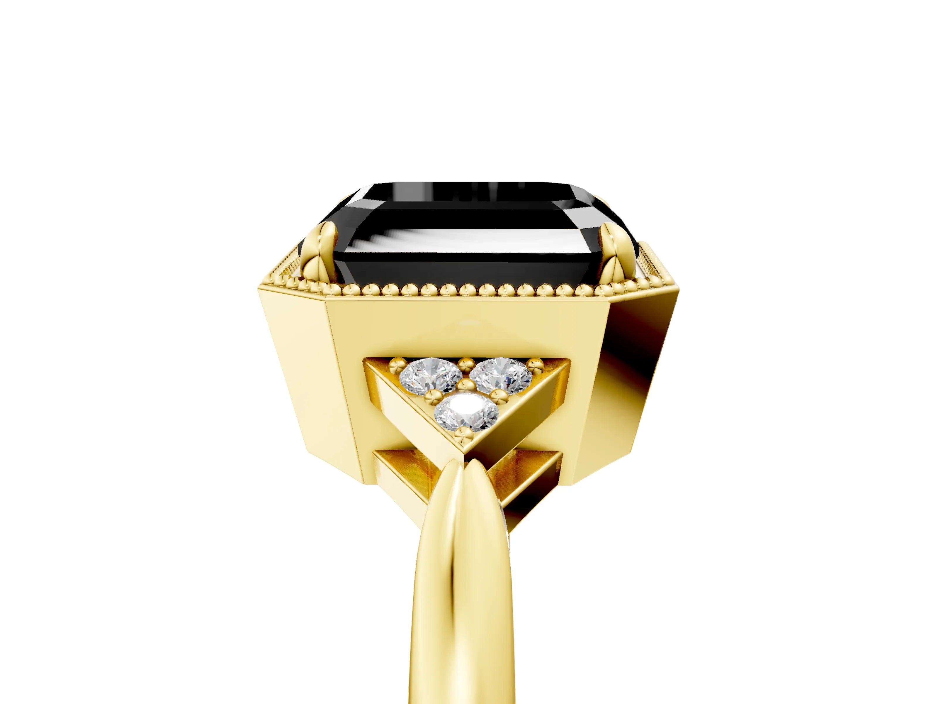 Yellow gold Hexagonal Halo Fancy Black Asscher Cut Diamond Solitaire with Pavé Band and Four-Prong Setting_8