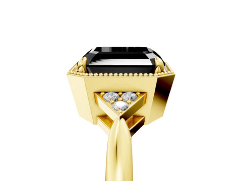 Yellow gold Hexagonal Halo Fancy Black Asscher Cut Diamond Solitaire with Pavé Band and Four-Prong Setting_8