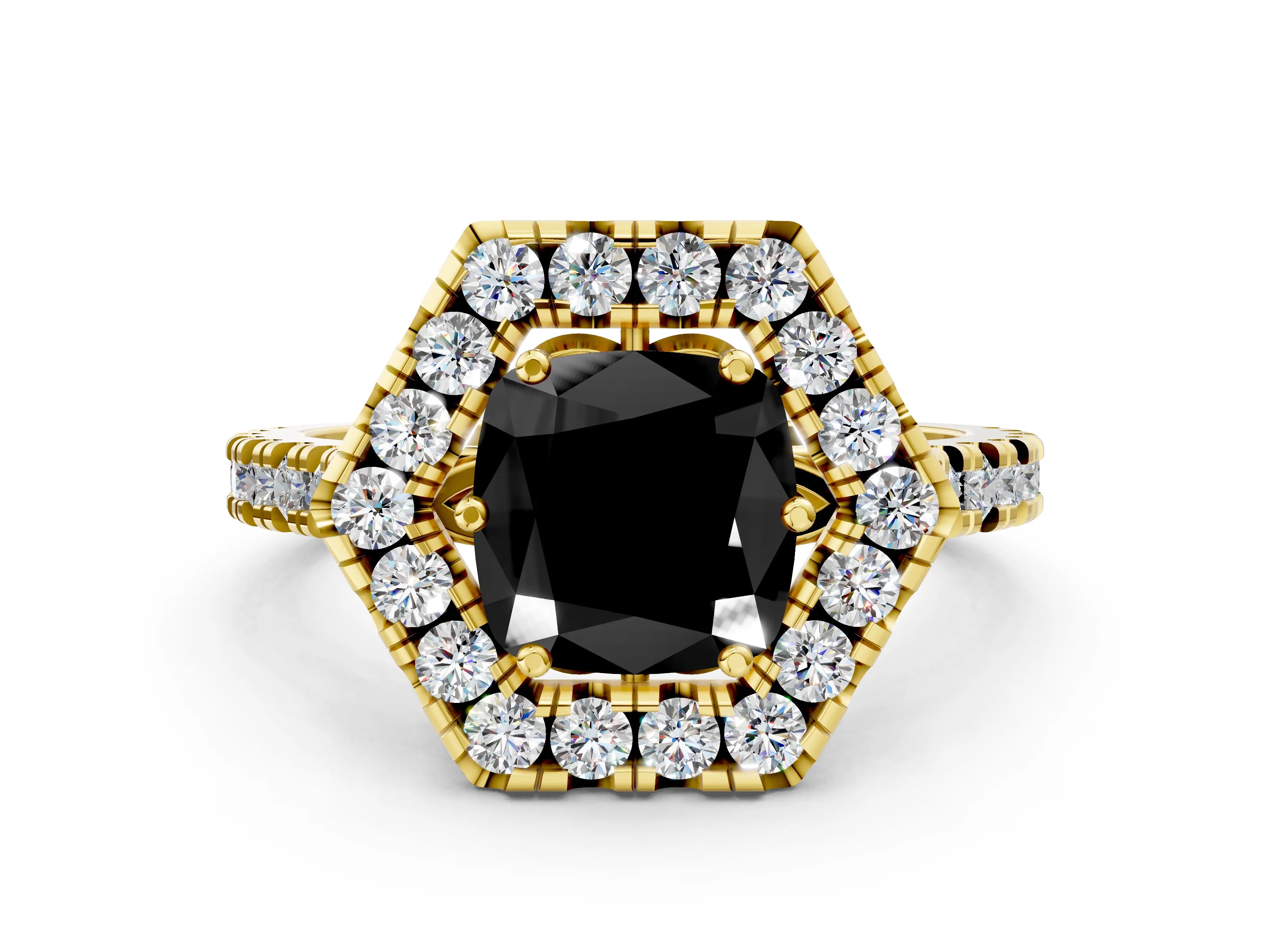 Yellow gold Hexagonal Halo Fancy Black Cushion Cut Diamond Pavé Band with Four-Prong Setting