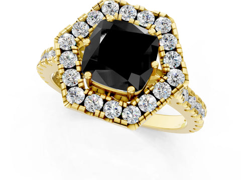 Yellow gold Hexagonal Halo Fancy Black Cushion Cut Diamond Pavé Band with Four-Prong Setting_1