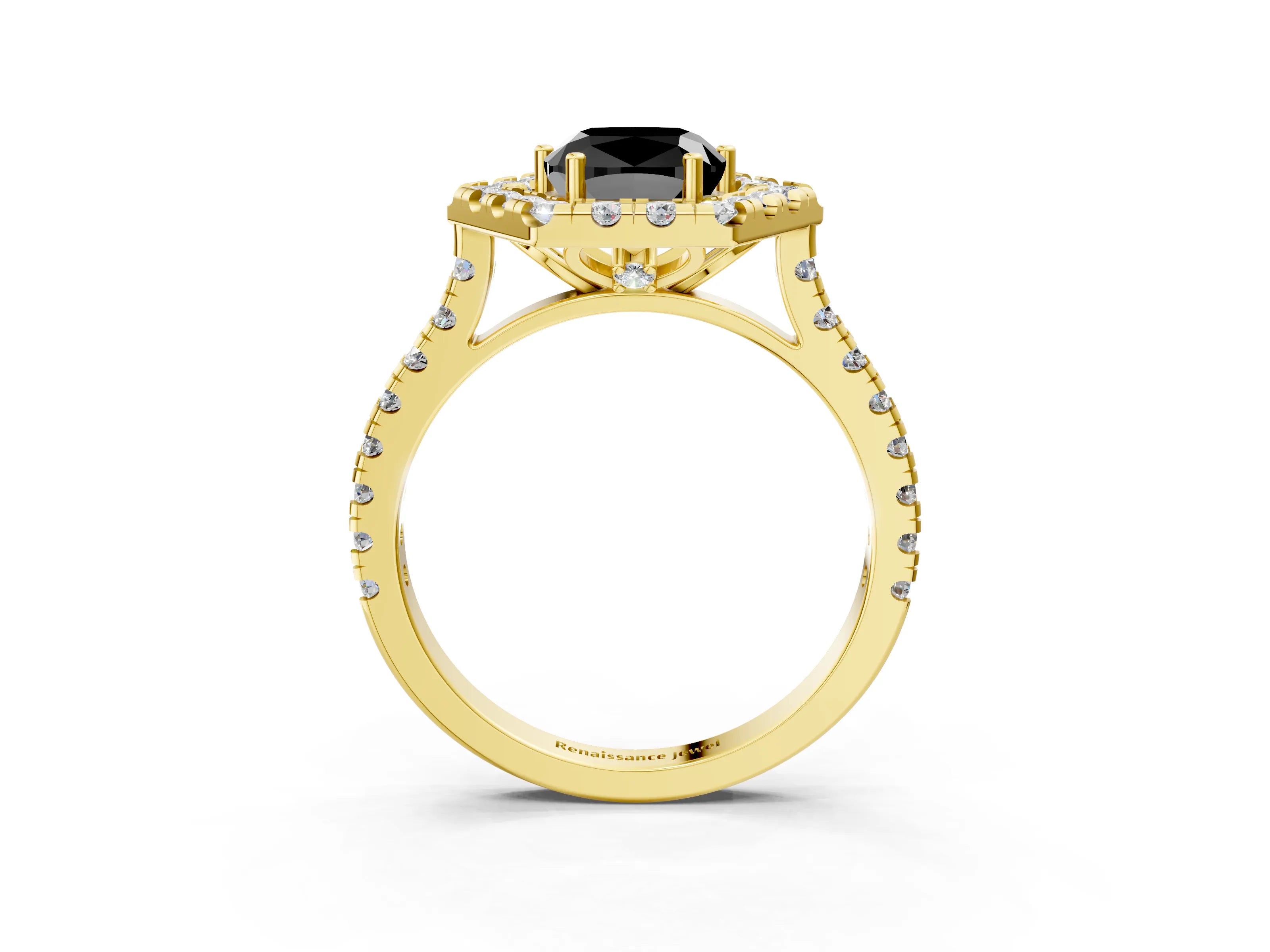 Yellow gold Hexagonal Halo Fancy Black Cushion Cut Diamond Pavé Band with Four-Prong Setting_3