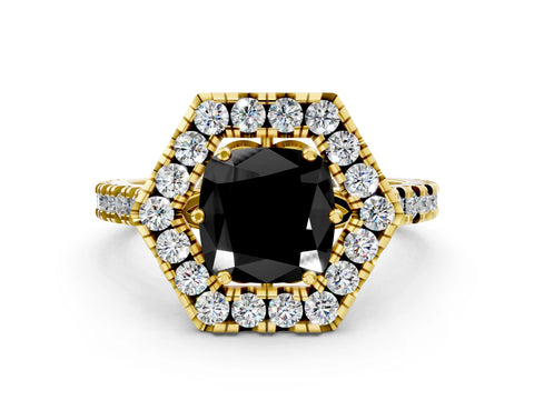 Yellow gold Hexagonal Halo Fancy Black Cushion Cut Diamond Pavé Band with Four-Prong Setting