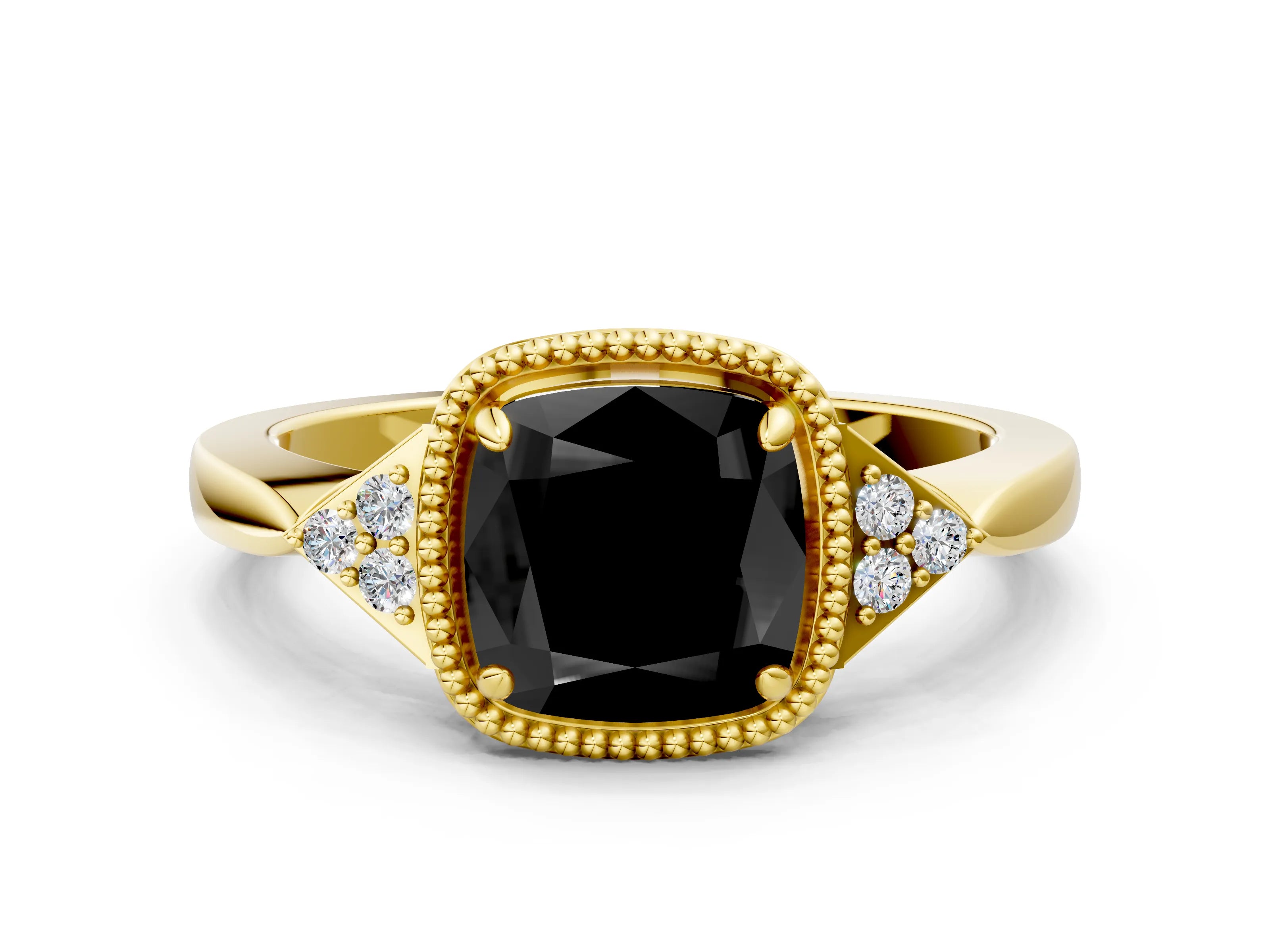 Yellow gold Hexagonal Halo Fancy Black Cushion Cut Diamond Solitaire with Pavé Band and Four-Prong Setting_3