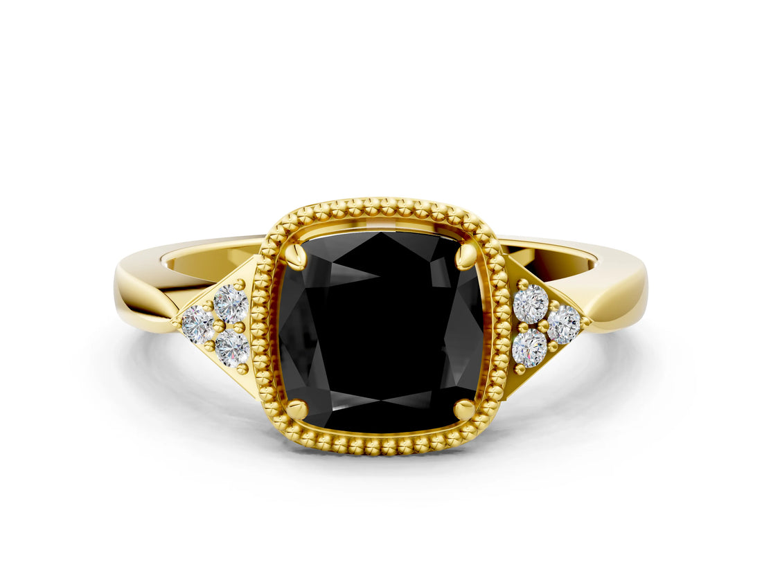 Yellow gold Hexagonal Halo Fancy Black Cushion Cut Diamond Solitaire with Pavé Band and Four-Prong Setting_3