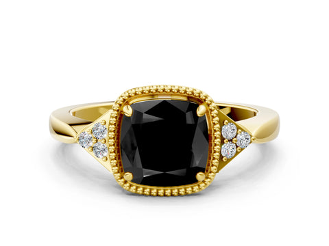 Yellow gold Hexagonal Halo Fancy Black Cushion Cut Diamond Solitaire with Pavé Band and Four-Prong Setting_3