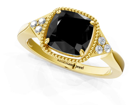 Yellow gold Hexagonal Halo Fancy Black Cushion Cut Diamond Solitaire with Pavé Band and Four-Prong Setting_4