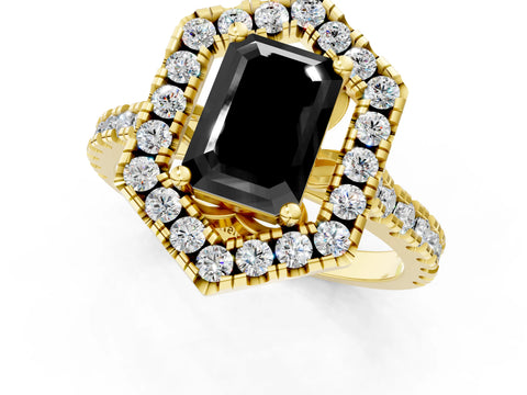 Yellow gold Hexagonal Halo Fancy Black Emerald Cut Diamond Pavé Band with Four-Prong Setting_1