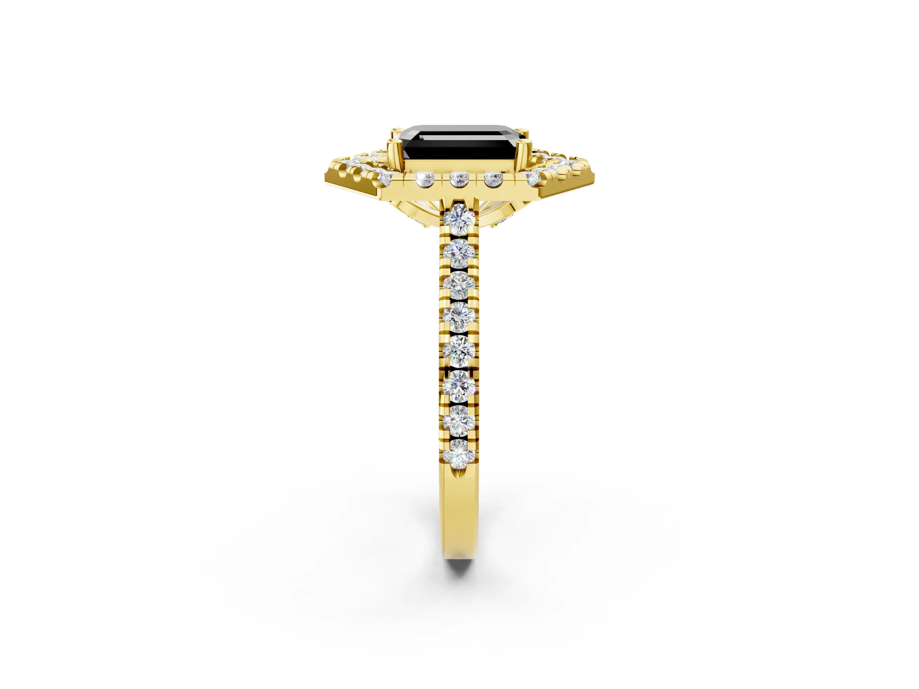 Yellow gold Hexagonal Halo Fancy Black Emerald Cut Diamond Pavé Band with Four-Prong Setting_2