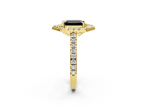 Yellow gold Hexagonal Halo Fancy Black Emerald Cut Diamond Pavé Band with Four-Prong Setting_2