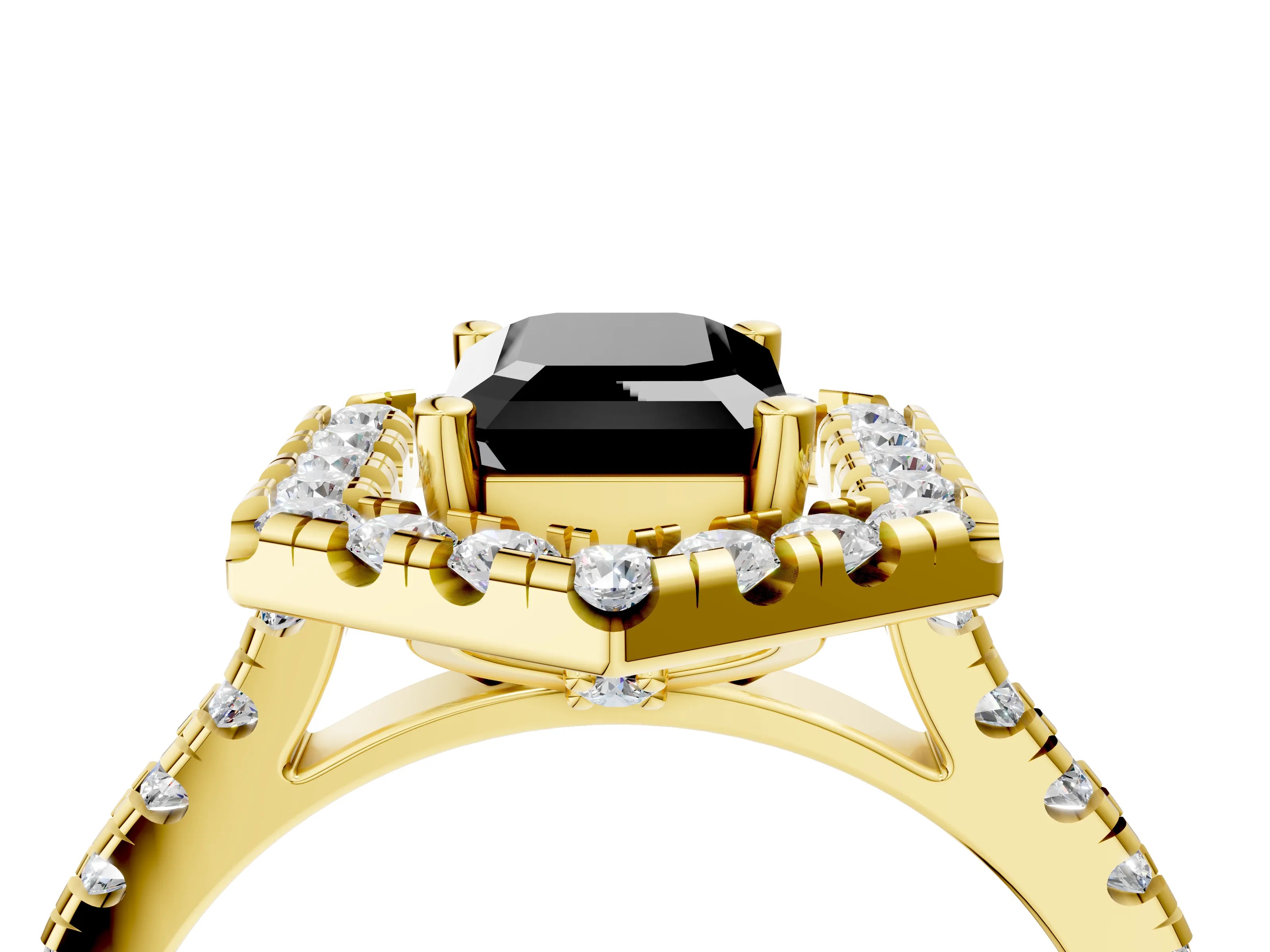 Yellow gold Hexagonal Halo Fancy Black Emerald Cut Diamond Pavé Band with Four-Prong Setting_4
