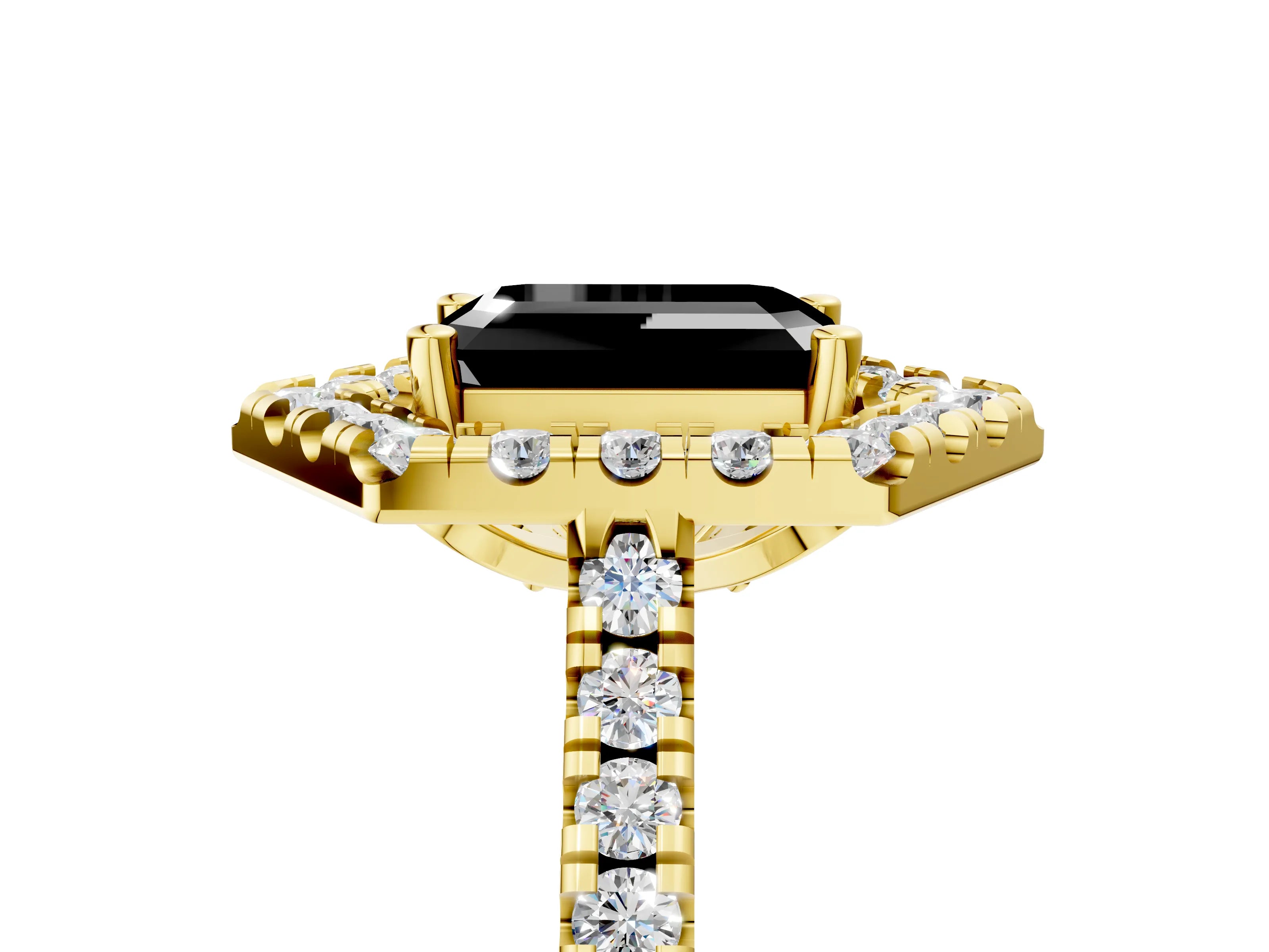Yellow gold Hexagonal Halo Fancy Black Emerald Cut Diamond Pavé Band with Four-Prong Setting_5