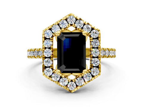 Yellow gold Hexagonal Halo Fancy Black Emerald Cut Diamond Pavé Band with Four-Prong Setting