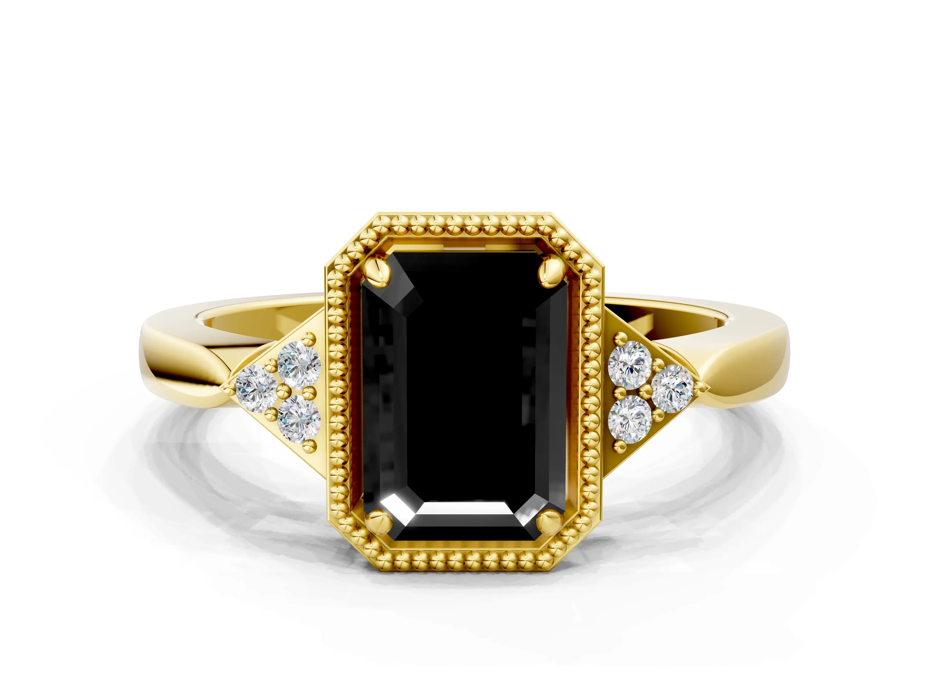 Yellow gold Hexagonal Halo Fancy Black Emerald Cut Diamond Solitaire with Pavé Band and Four-Prong Setting_3