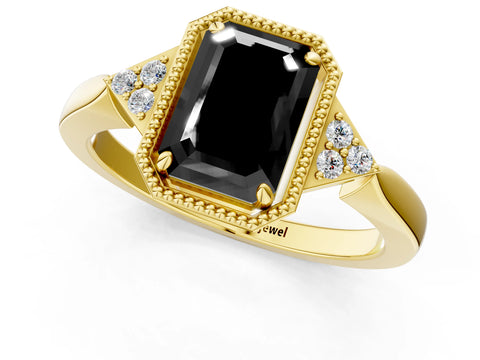 Yellow gold Hexagonal Halo Fancy Black Emerald Cut Diamond Solitaire with Pavé Band and Four-Prong Setting_4