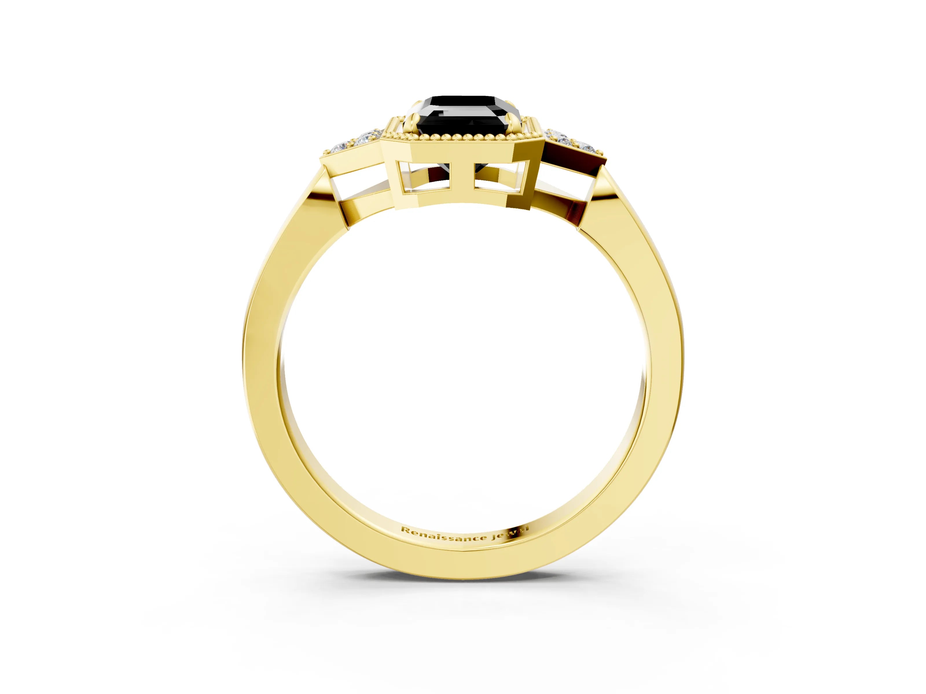Yellow gold Hexagonal Halo Fancy Black Emerald Cut Diamond Solitaire with Pavé Band and Four-Prong Setting_6