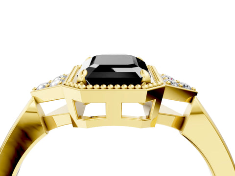 Yellow gold Hexagonal Halo Fancy Black Emerald Cut Diamond Solitaire with Pavé Band and Four-Prong Setting_7