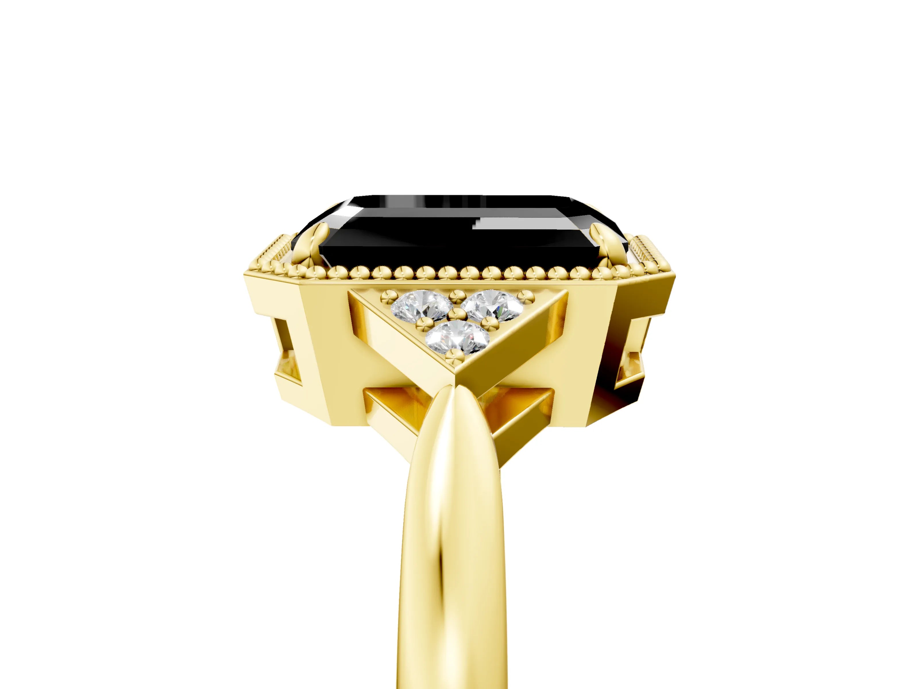 Yellow gold Hexagonal Halo Fancy Black Emerald Cut Diamond Solitaire with Pavé Band and Four-Prong Setting_8