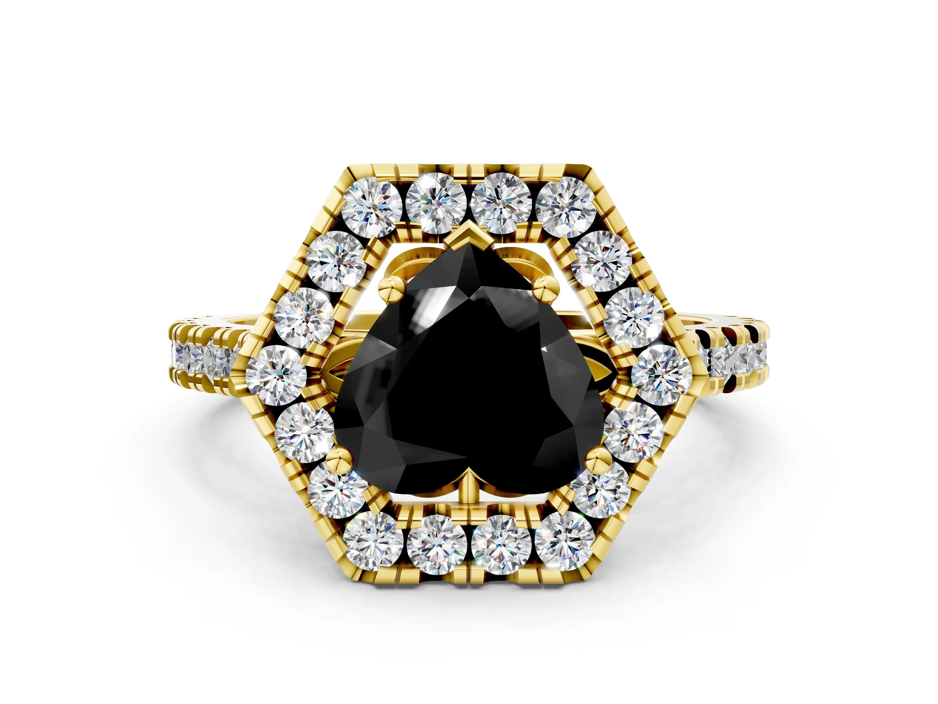 Yellow gold Hexagonal Halo Fancy Black Heart Cut Diamond Pavé Band with Four-Prong Setting