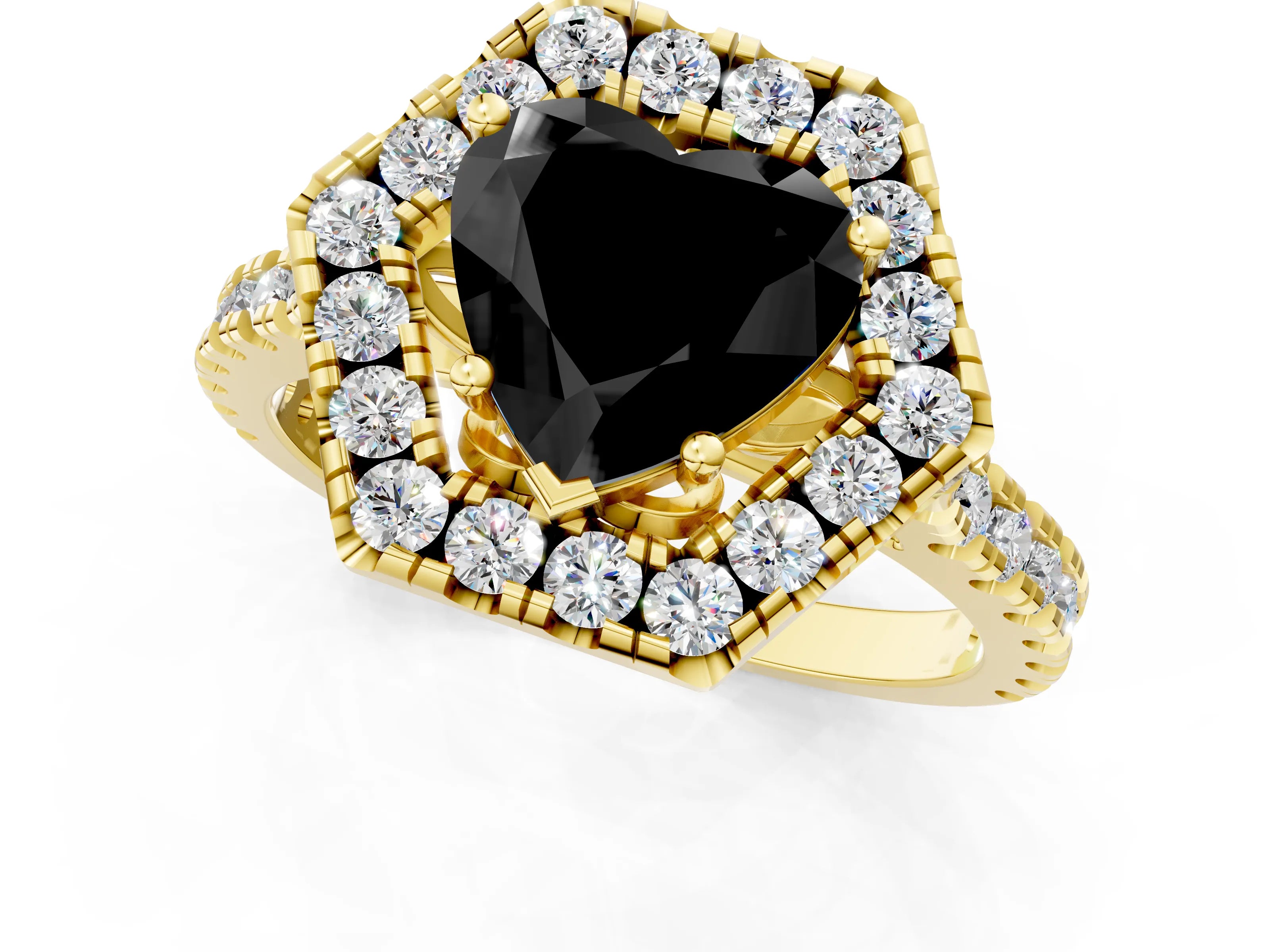 Yellow gold Hexagonal Halo Fancy Black Heart Cut Diamond Pavé Band with Four-Prong Setting_1