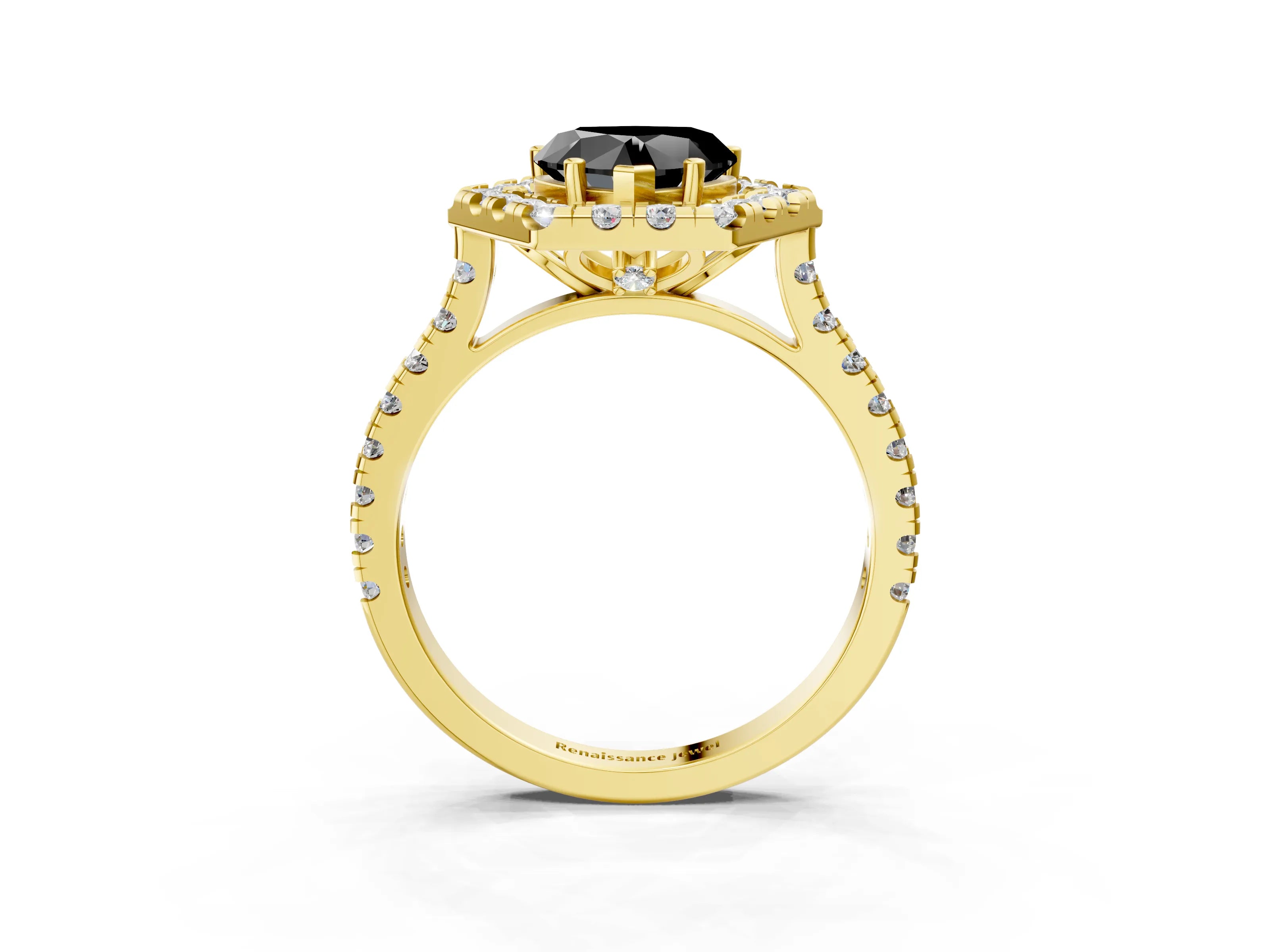Yellow gold Hexagonal Halo Fancy Black Heart Cut Diamond Pavé Band with Four-Prong Setting_3