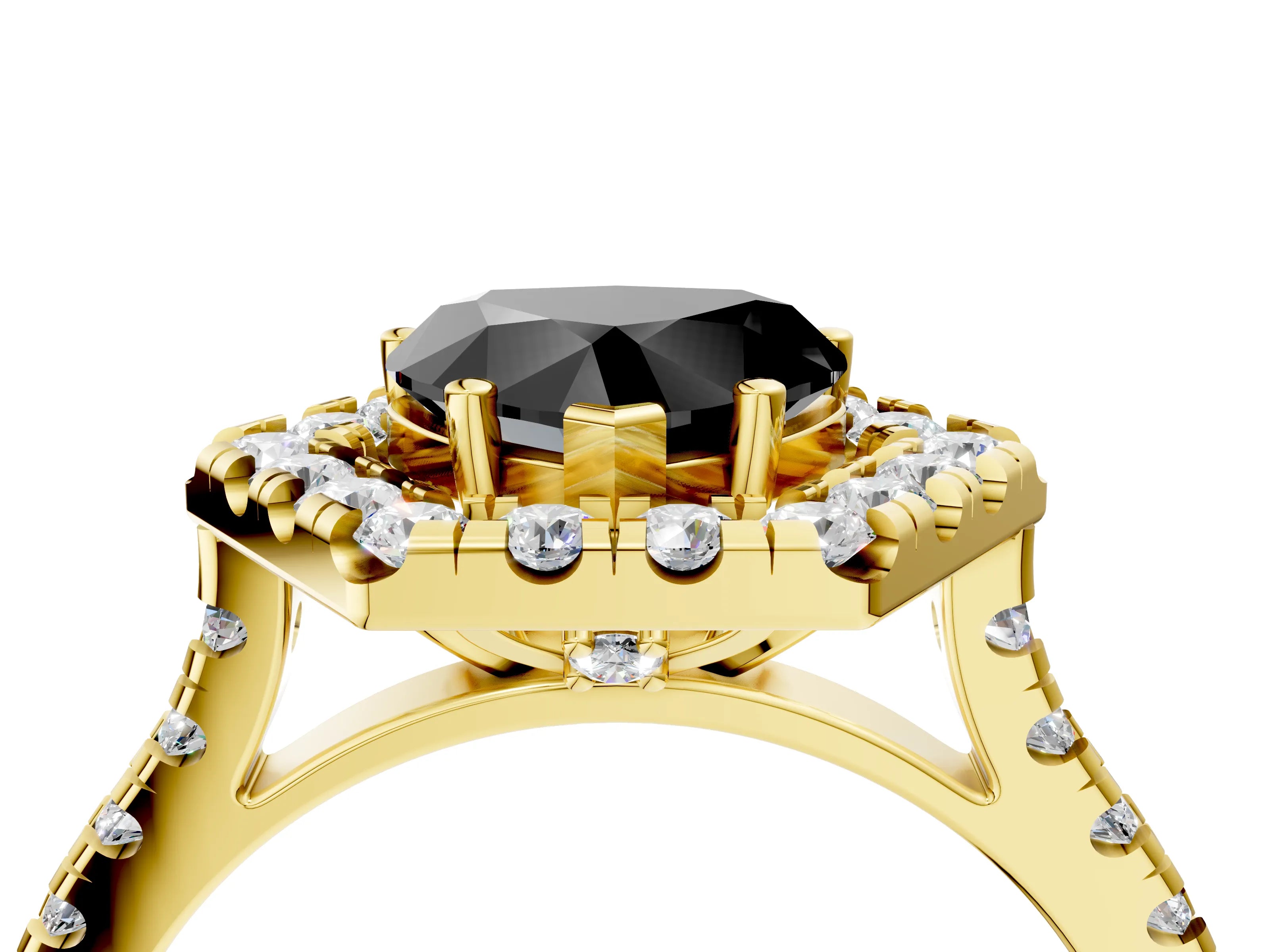 Yellow gold Hexagonal Halo Fancy Black Heart Cut Diamond Pavé Band with Four-Prong Setting_4