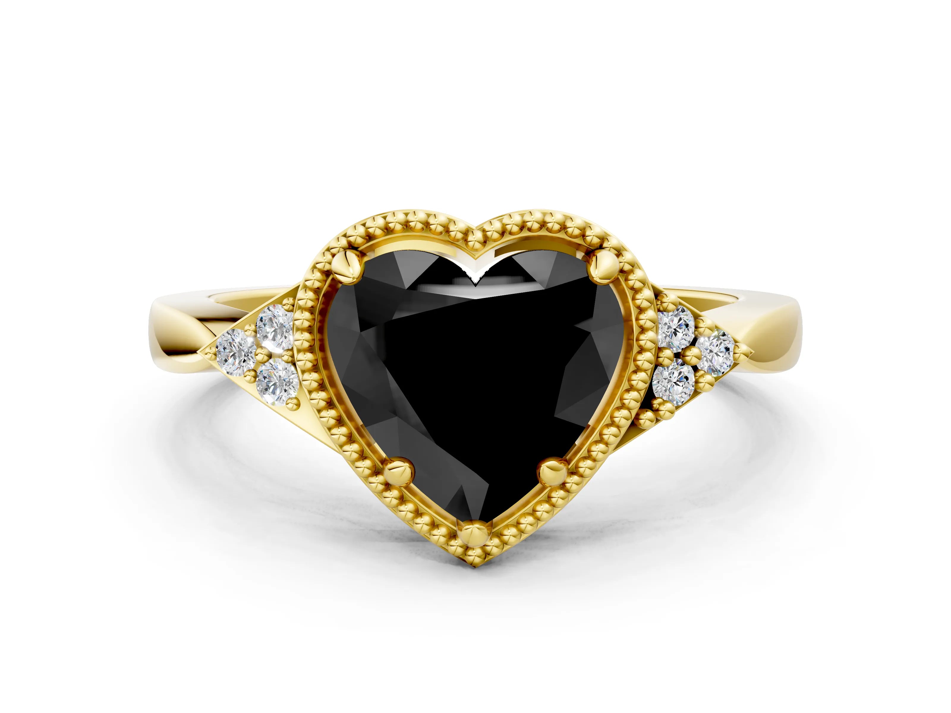 Yellow gold Hexagonal Halo Fancy Black Heart Cut Diamond Solitaire with Pavé Band and Four-Prong Setting_3