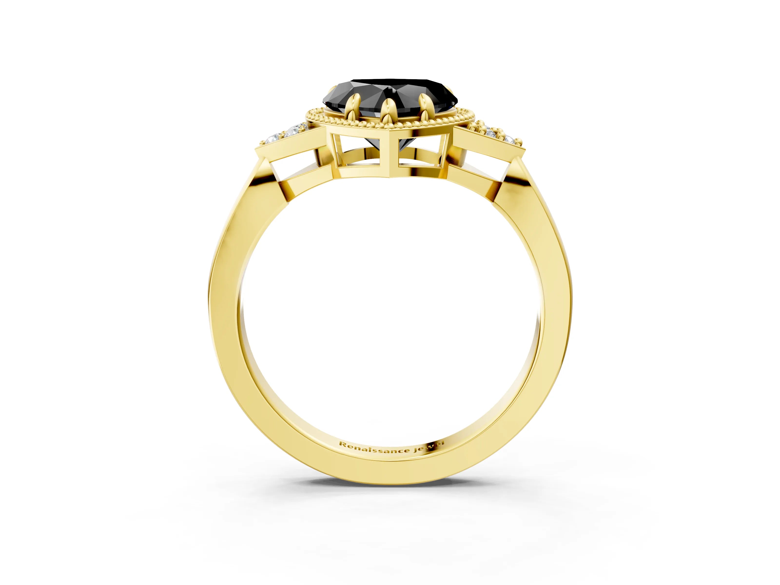 Yellow gold Hexagonal Halo Fancy Black Heart Cut Diamond Solitaire with Pavé Band and Four-Prong Setting_6
